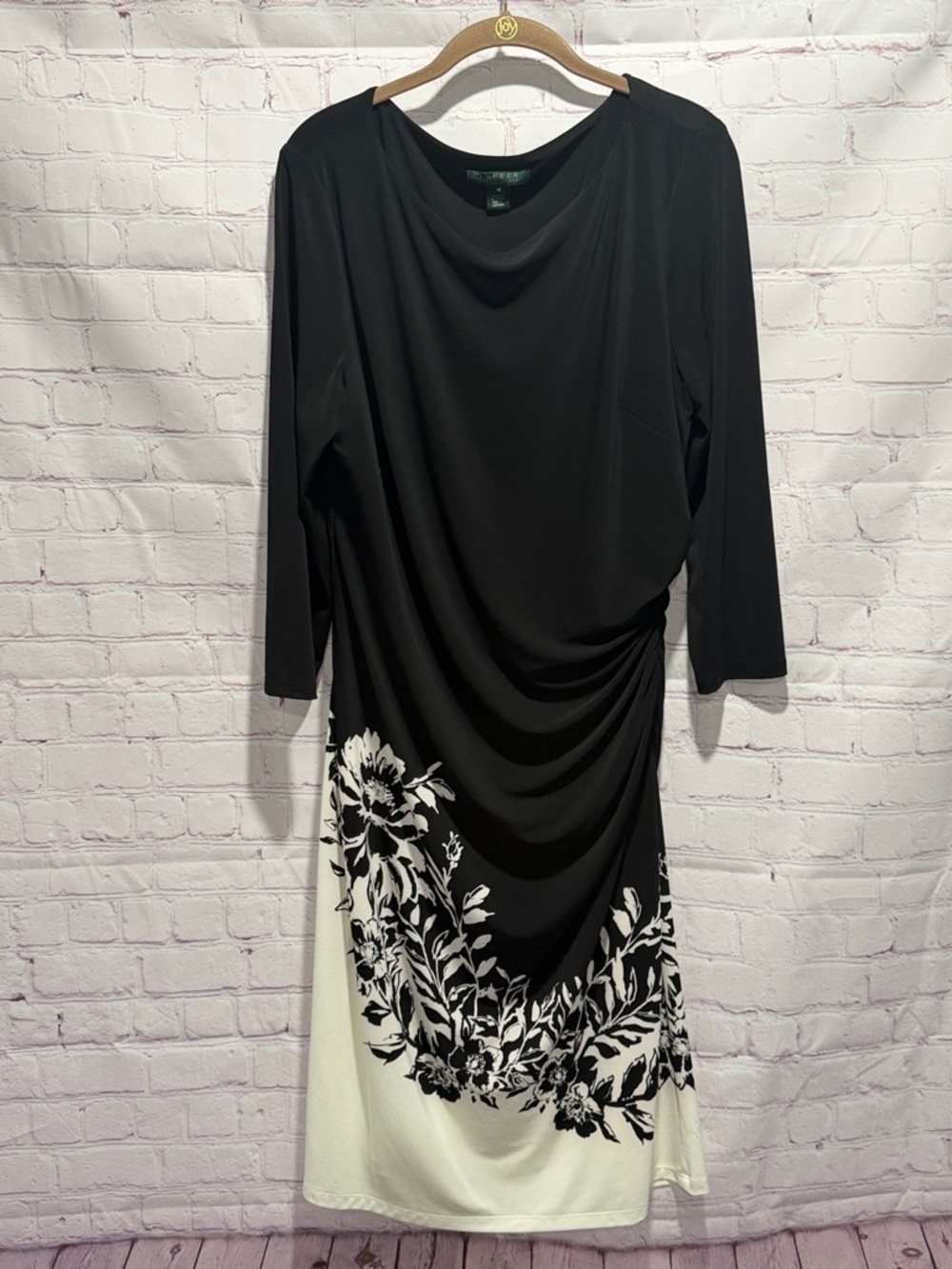 Lauren Ralph Lauren Black & White Floral Draped 3/4 Sleeve Dress Woman’s size 16